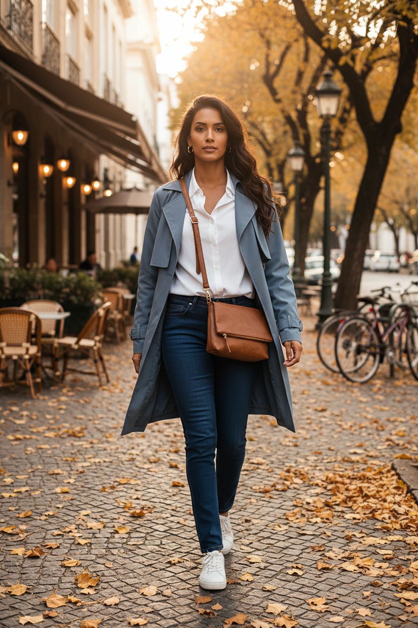 Gladdon cognac crossbody bag paired with crisp white shirt and trench in a vibrant street setting.