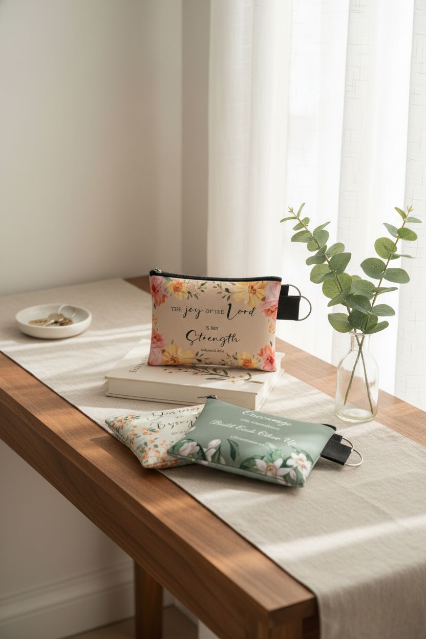 Sunnymove coin purses on a cozy console, showcasing fine fabric and inspirational design.