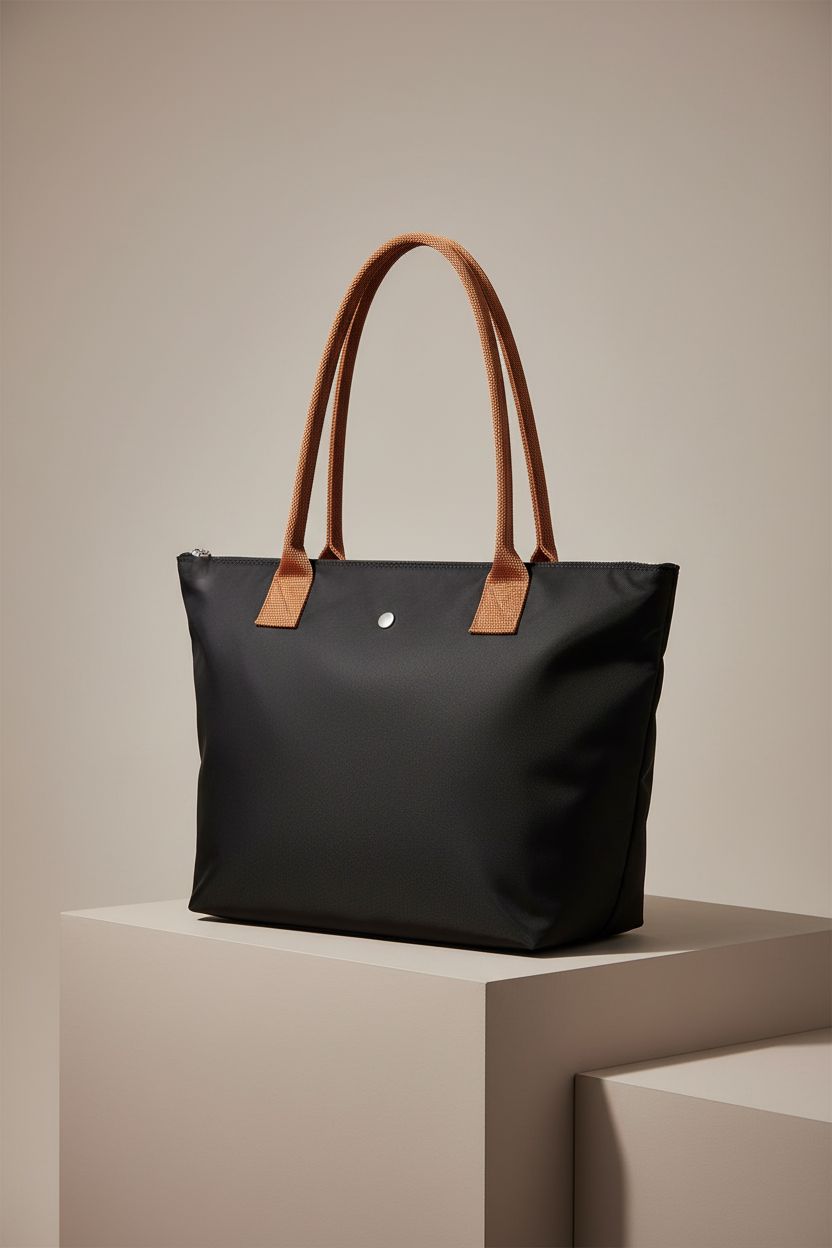 KALIDI structured black nylon tote bag showcasing sleek design and tan handles, perfect for any occasion.