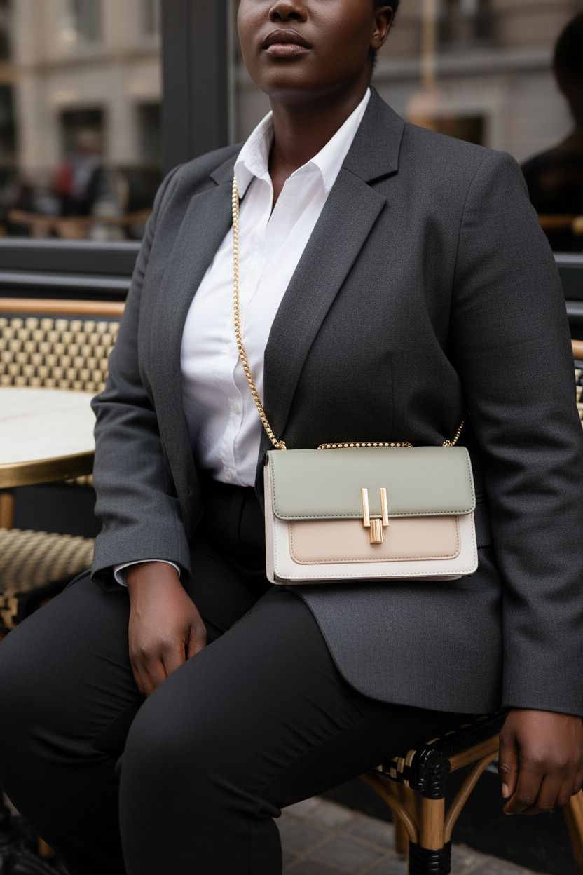 TOP BAND color block bag in green showcased near a stylish blazer at a café