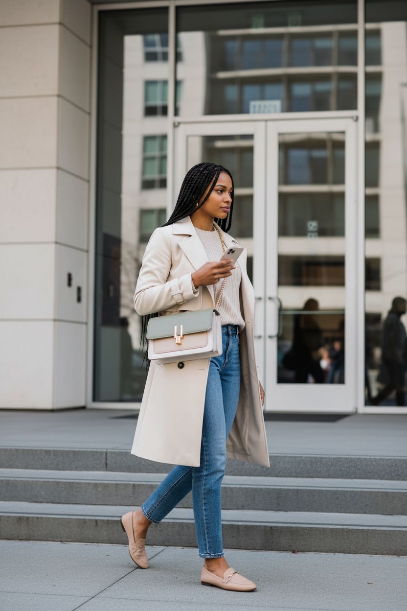 TOP BAND color block bag in sage and stone worn crossbody at an art plaza