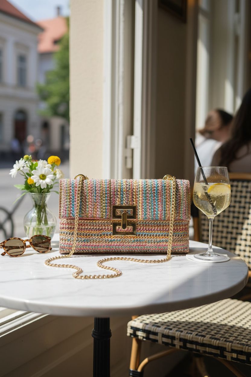 Carfond colorful woven purse on a café table, showcasing vibrant straw design and elegance.