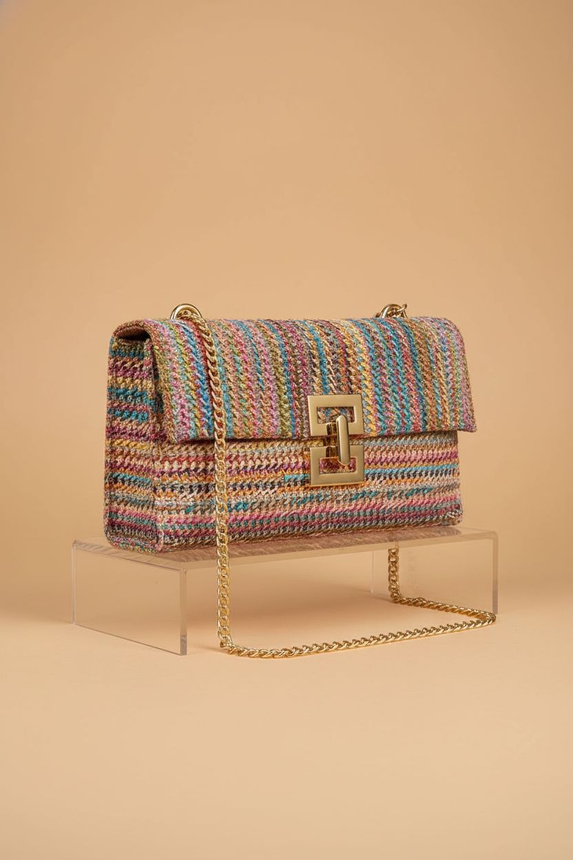 Close-up of Carfond colorful straw clutch purse, highlighting its fine craftsmanship and design.