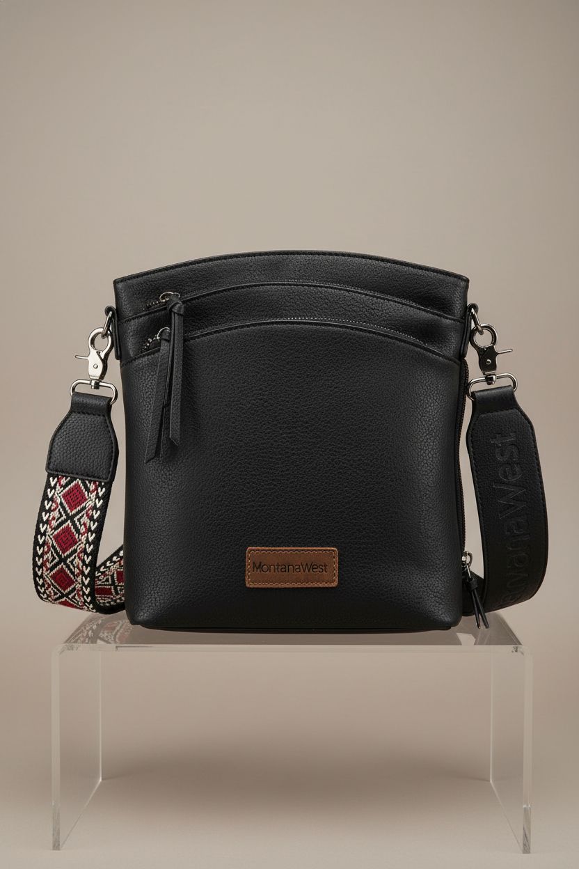 Front view of Montana West concealed carry crossbody purse on a minimalist display, emphasizing its quality.