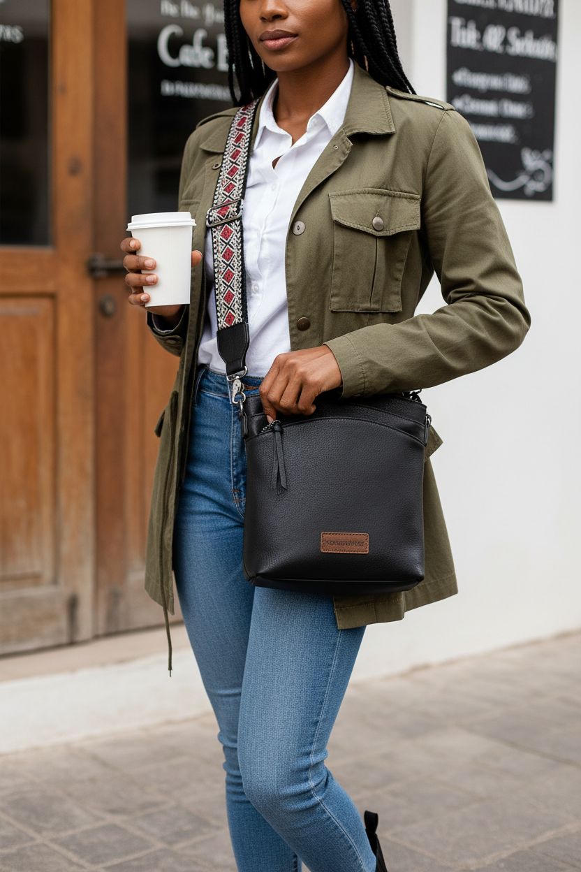 Montana West concealed carry crossbody purse in vegan leather, stylishly unzipped at a café.