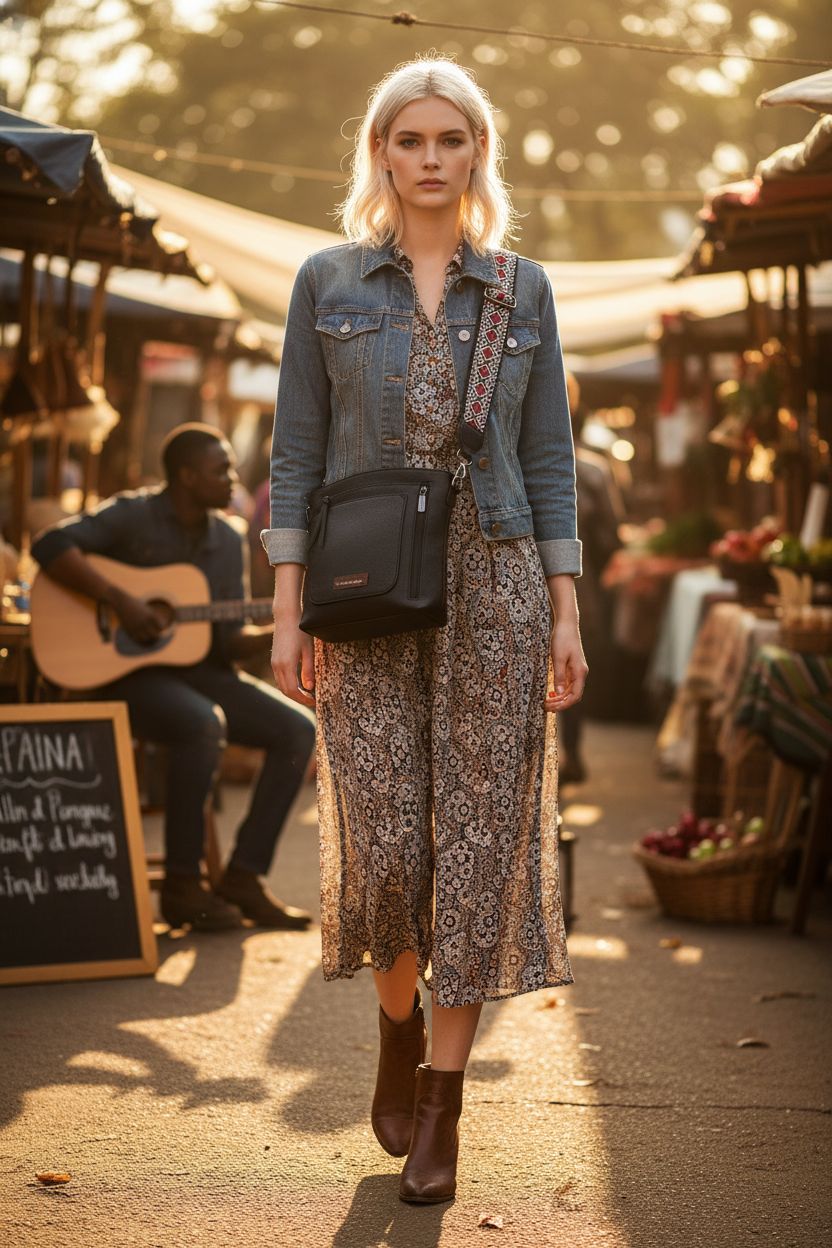 Montana West crossbody bag in black vegan leather at a bustling farmers' market, showcasing its chic design.
