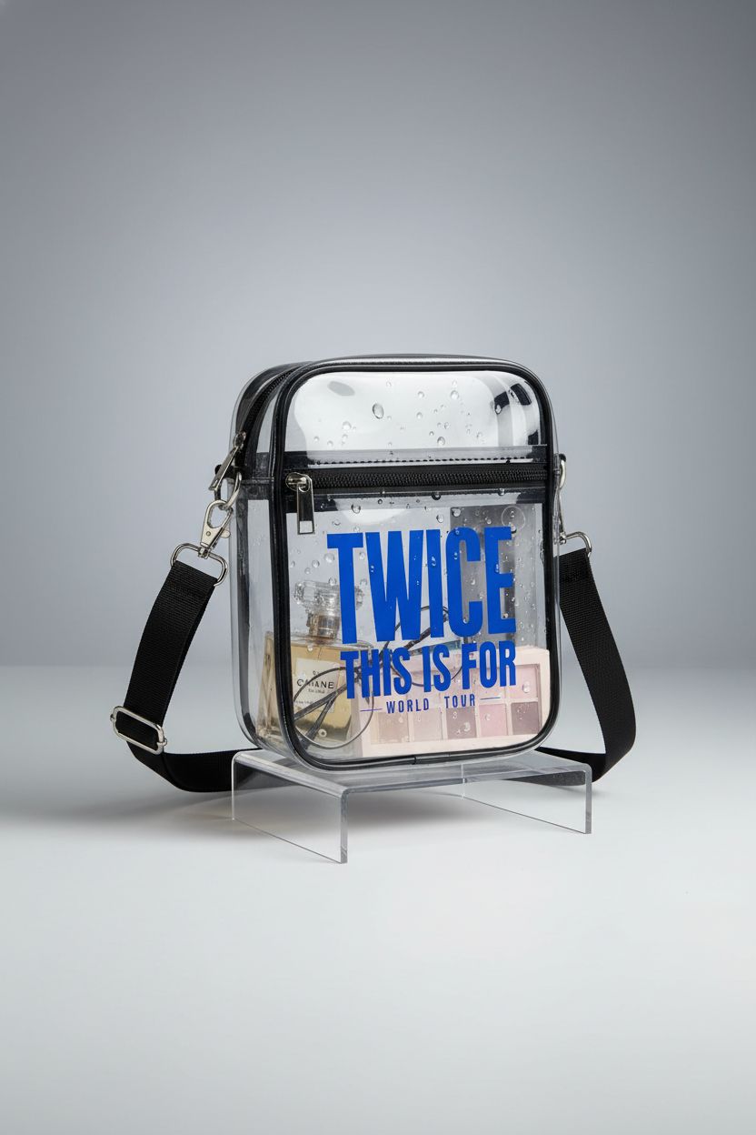 Clear bag with water droplets on acrylic riser, highlighting waterproof features by Generic.