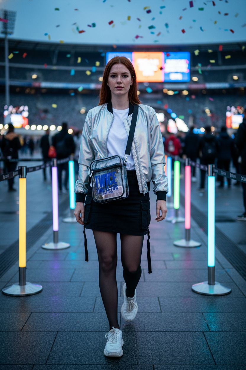 Clear crossbody bag with black trim and blue lettering at a modern stadium, perfect for concerts by Generic.