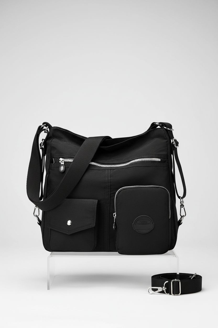 Dora & Liz convertible backpack purse displayed upright in studio, emphasizing its sleek design and materials.