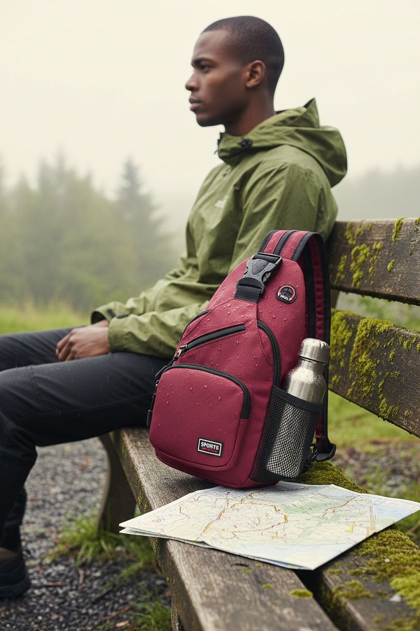 SUIKIHUM convertible crossbody bag resting beside a map and water bottle on a trail.
