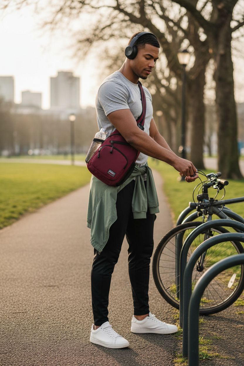 SUIKIHUM wine-red sling bag worn during outdoor commuting, with bottle in mesh pocket.