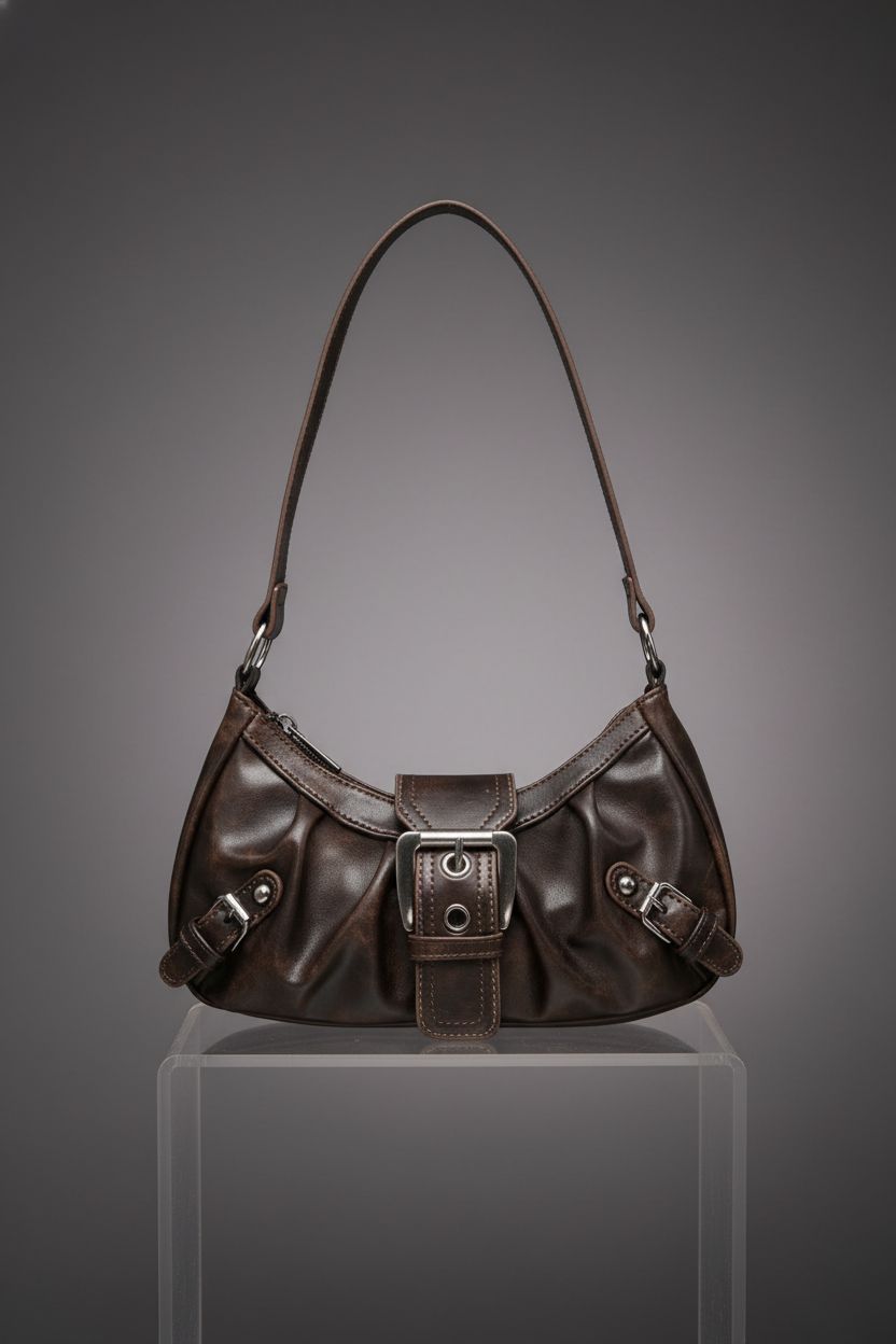 Sleek Verdusa brown clutch purse displayed against a stylish backdrop in a studio.