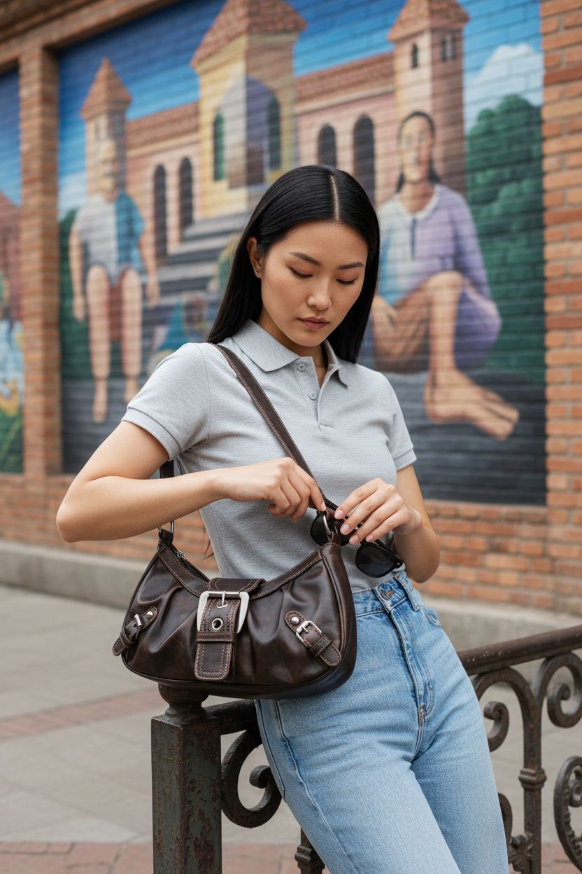 Verdusa Y2K brown goth handbag with buckle detail, styled outdoors near a cafe.