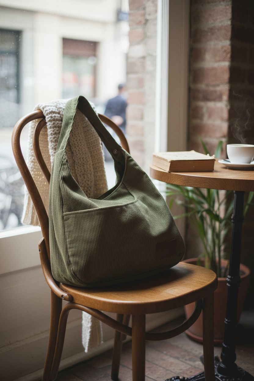 Ulisty green corduroy hobo bag resting in cozy café setting.