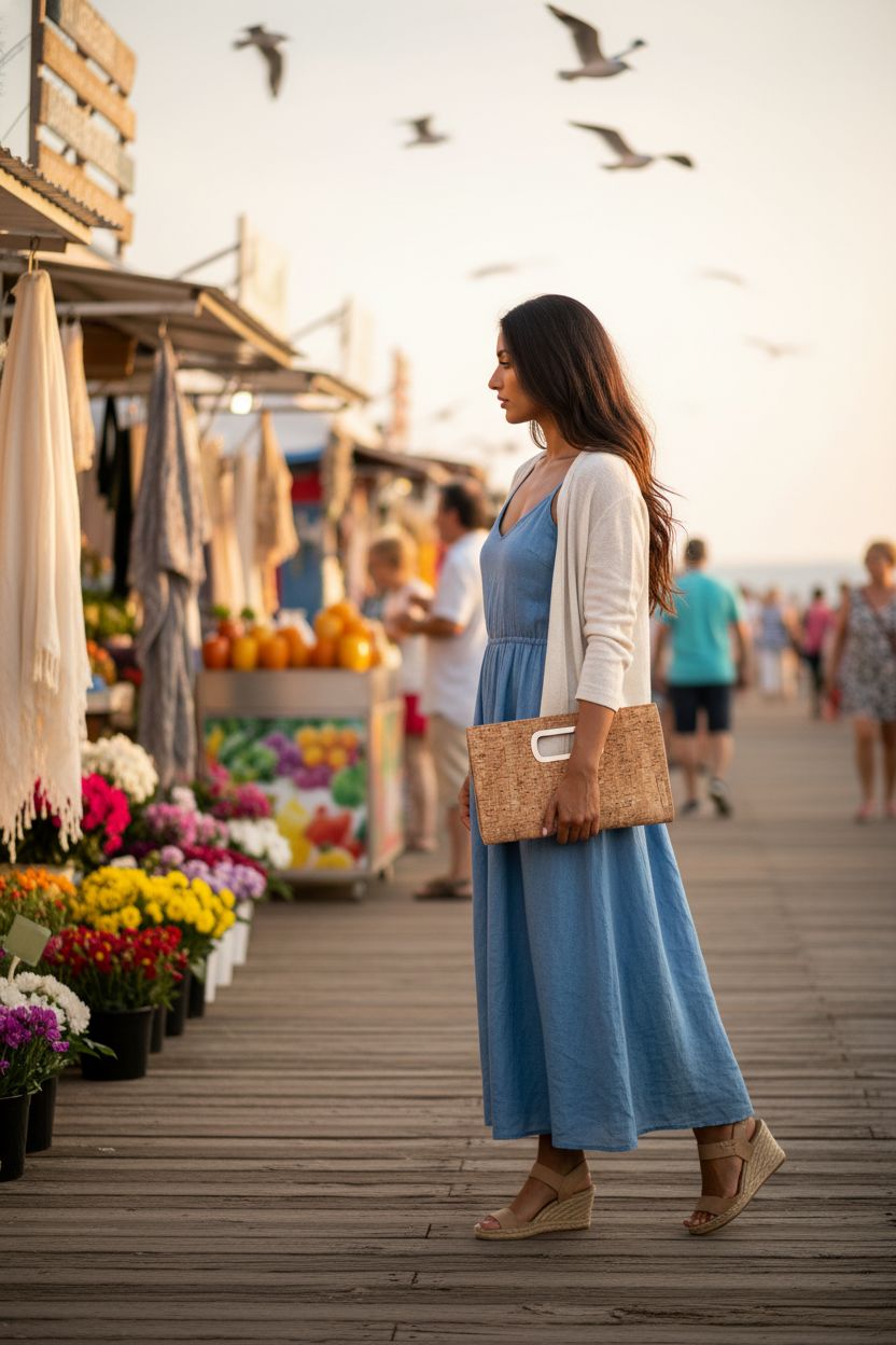 JNB cork clutch showcased at a vibrant summer market, perfect for casual outings.