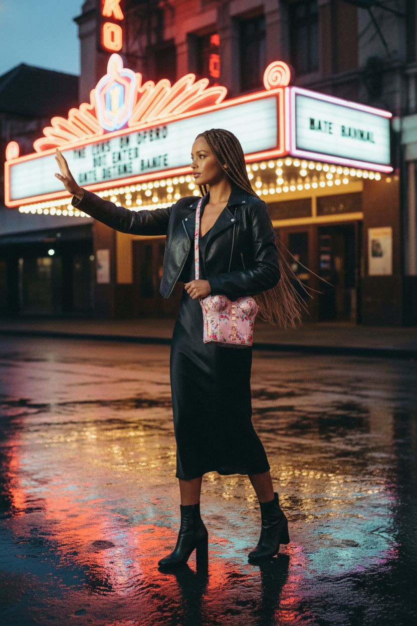 Betsey Johnson corset purse with floral design, styled for a date-night look in a vintage setting.