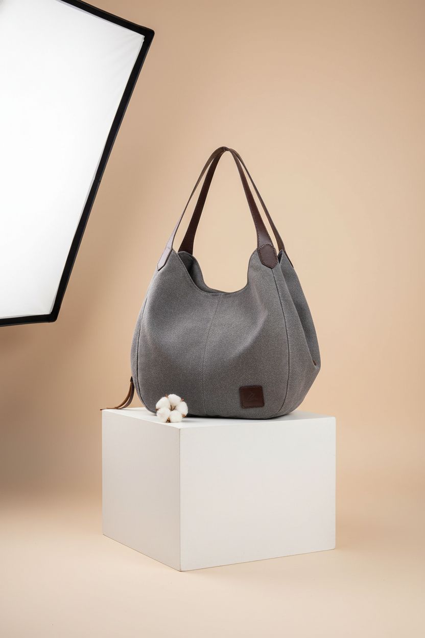 DOURR gray cotton handbag on a pedestal with detailed view of fabric and design.