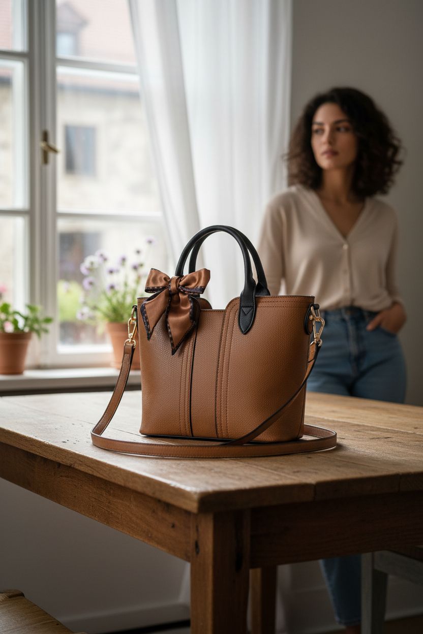 Montana West tote bag resting on a kitchen table, featuring vegan leather texture and elegant bow scarf.