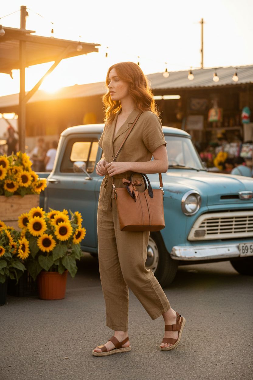 Montana West small crossbody purse at a farmers market, highlighting sunflowers and vintage pickup ambiance.