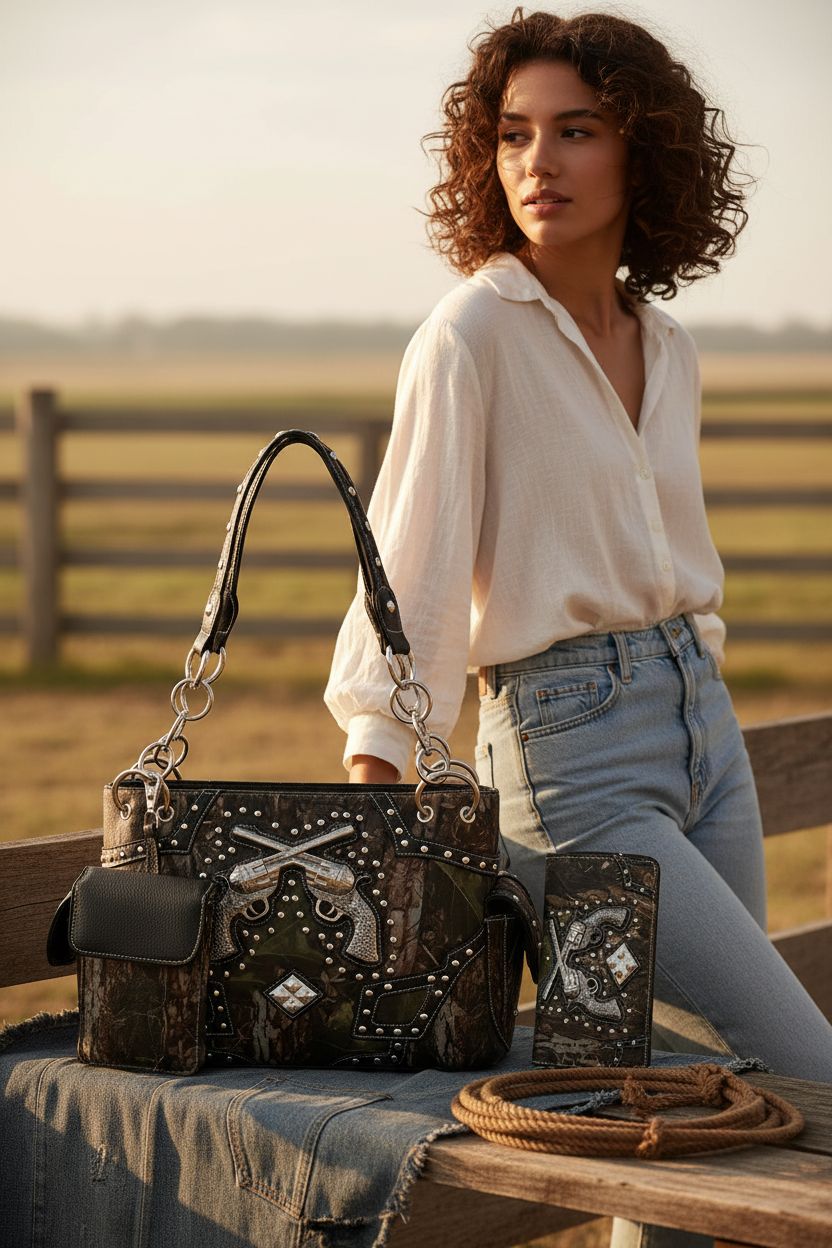 Cowgirl Trendy purse resting on a rustic barn-wood bench with lariat nearby.