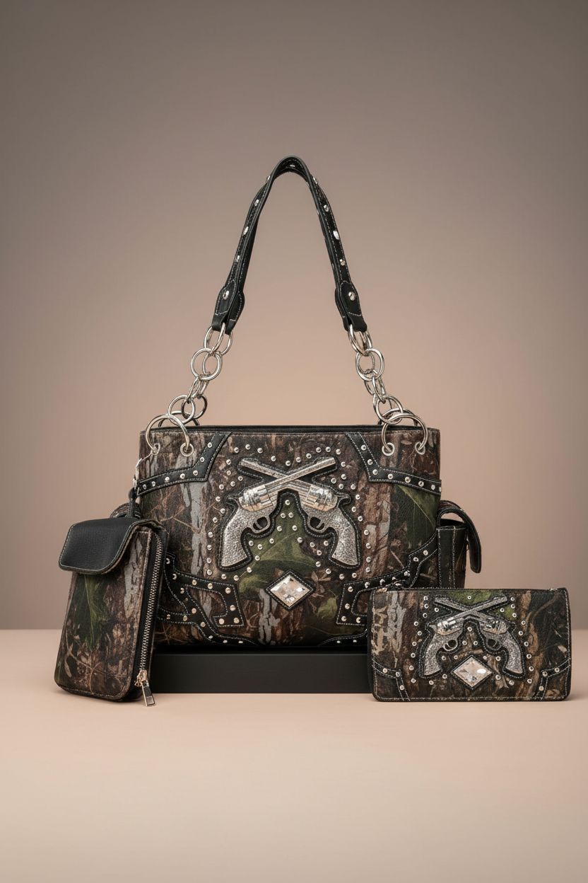 Product shot of Cowgirl Trendy camo purse and matching wallet on gray background.