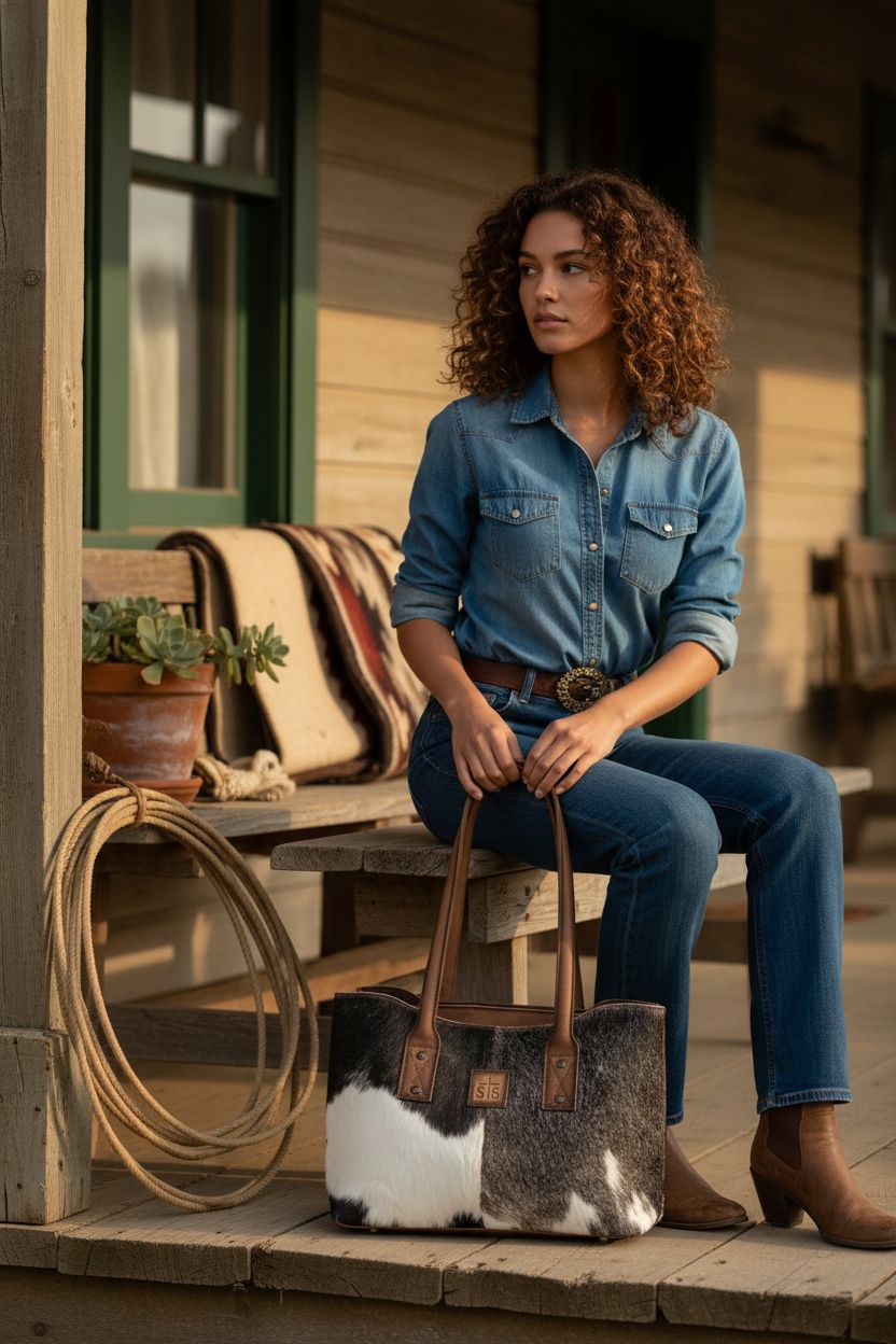 STS Ranchwear cowhide tote bag on a rustic porch, evoking a serene mood.