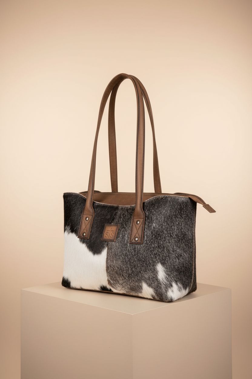 Close-up of STS Ranchwear cowhide tote bag highlighting its quality details.