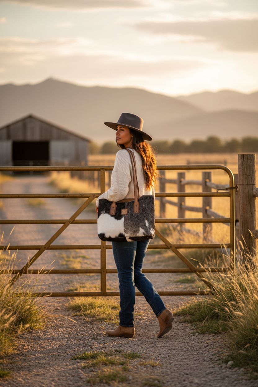 STS Ranchwear black-and-white cowhide tote bag against a ranch backdrop.