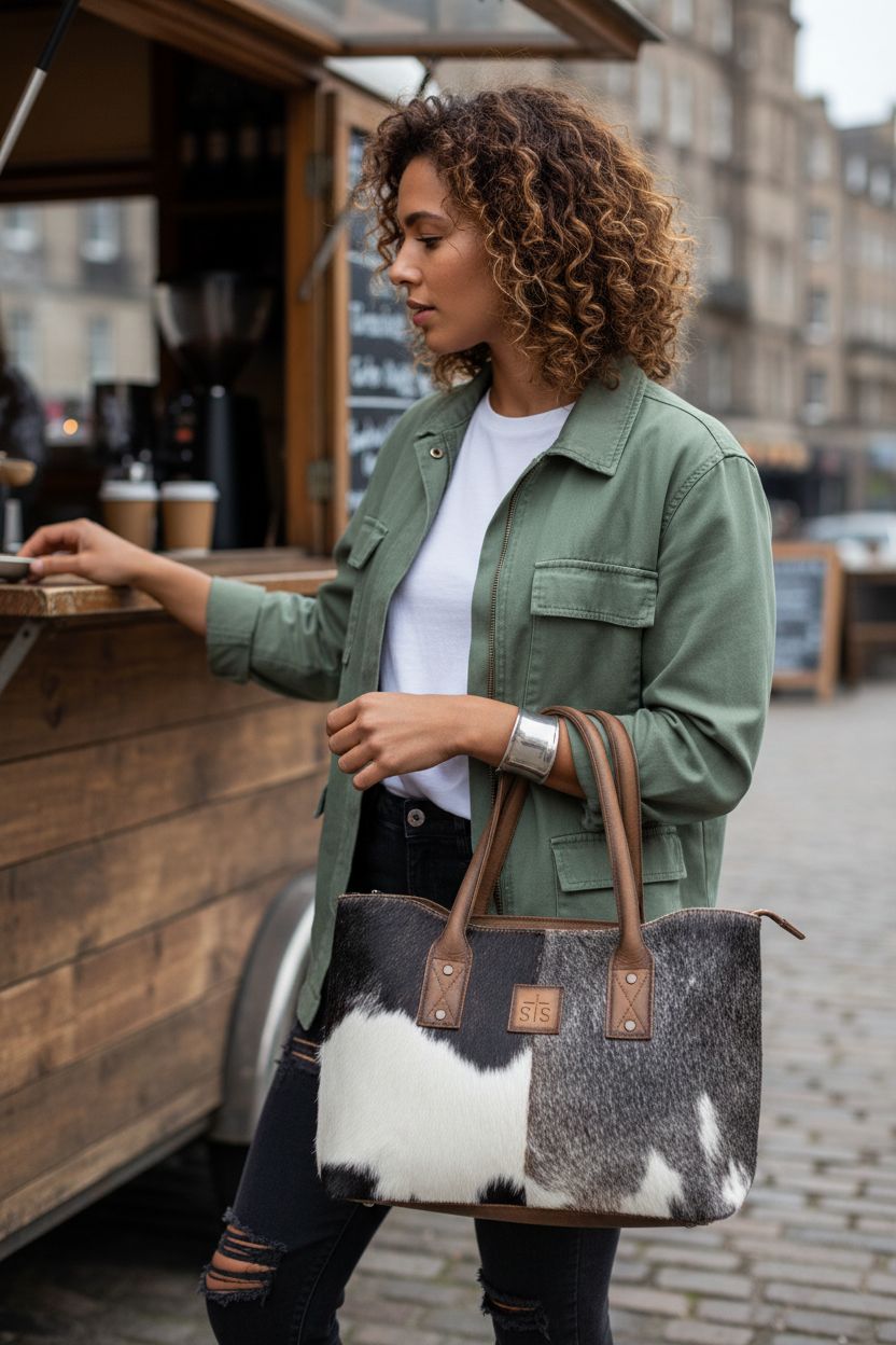 STS Ranchwear cowhide tote bag resting stylishly at a coffee trailer.