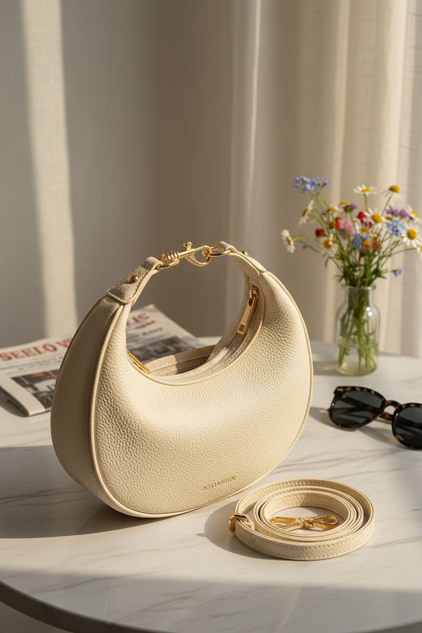 BOSTANTEN cream crescent bag on marble table, showcasing elegant design and details