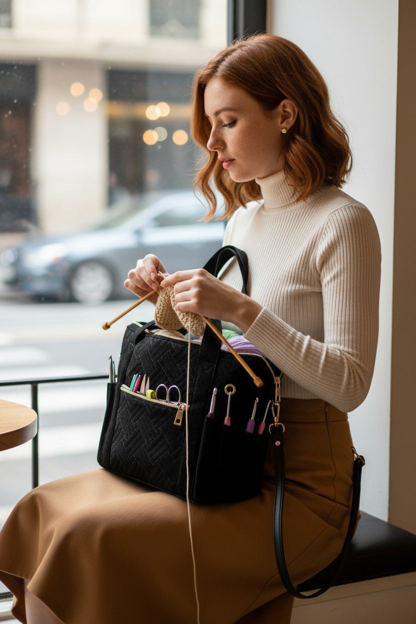 Veirdro crochet bag organizer in black velvet at a cozy café with yarn and tools.