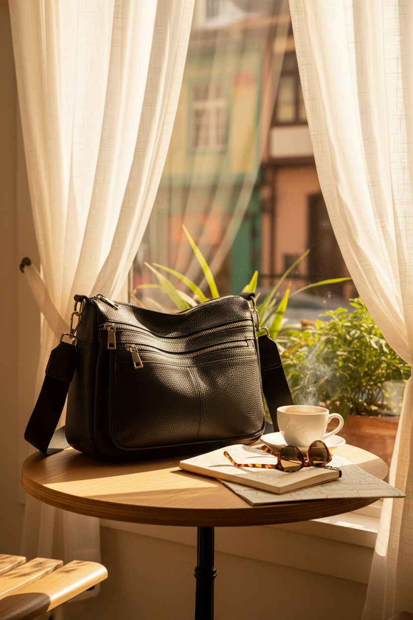 ibalulu crossbody bag resting on a cafe table with warm sunlight highlighting its premium leather texture.