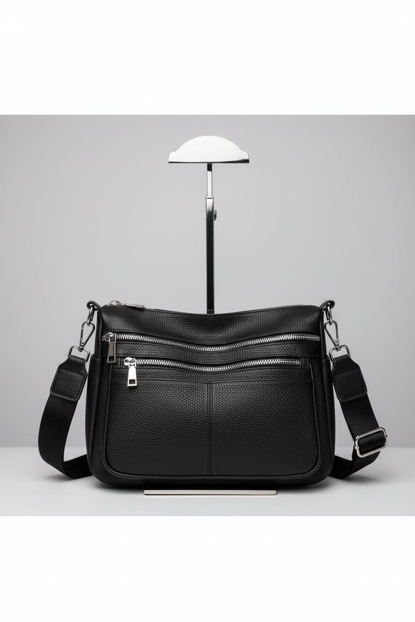 Detailed view of ibalulu genuine leather crossbody bag on a minimal stand, showcasing its design and quality.