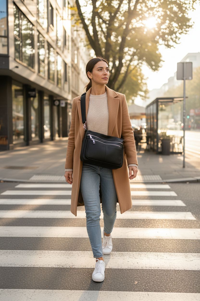ibalulu genuine leather crossbody purse in black worn stylishly during a sunny morning commute.