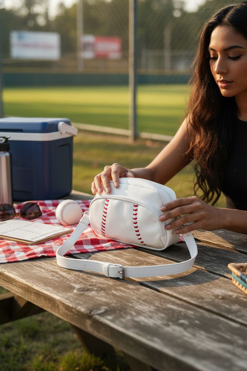 Halftime Handbags baseball crossbody bag on picnic table at tailgate party.