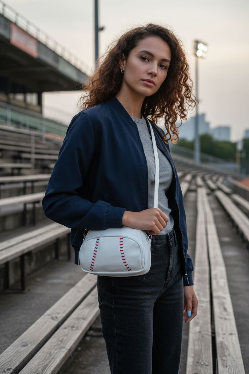 Halftime Handbags baseball crossbody purse showcased at bleachers before game.