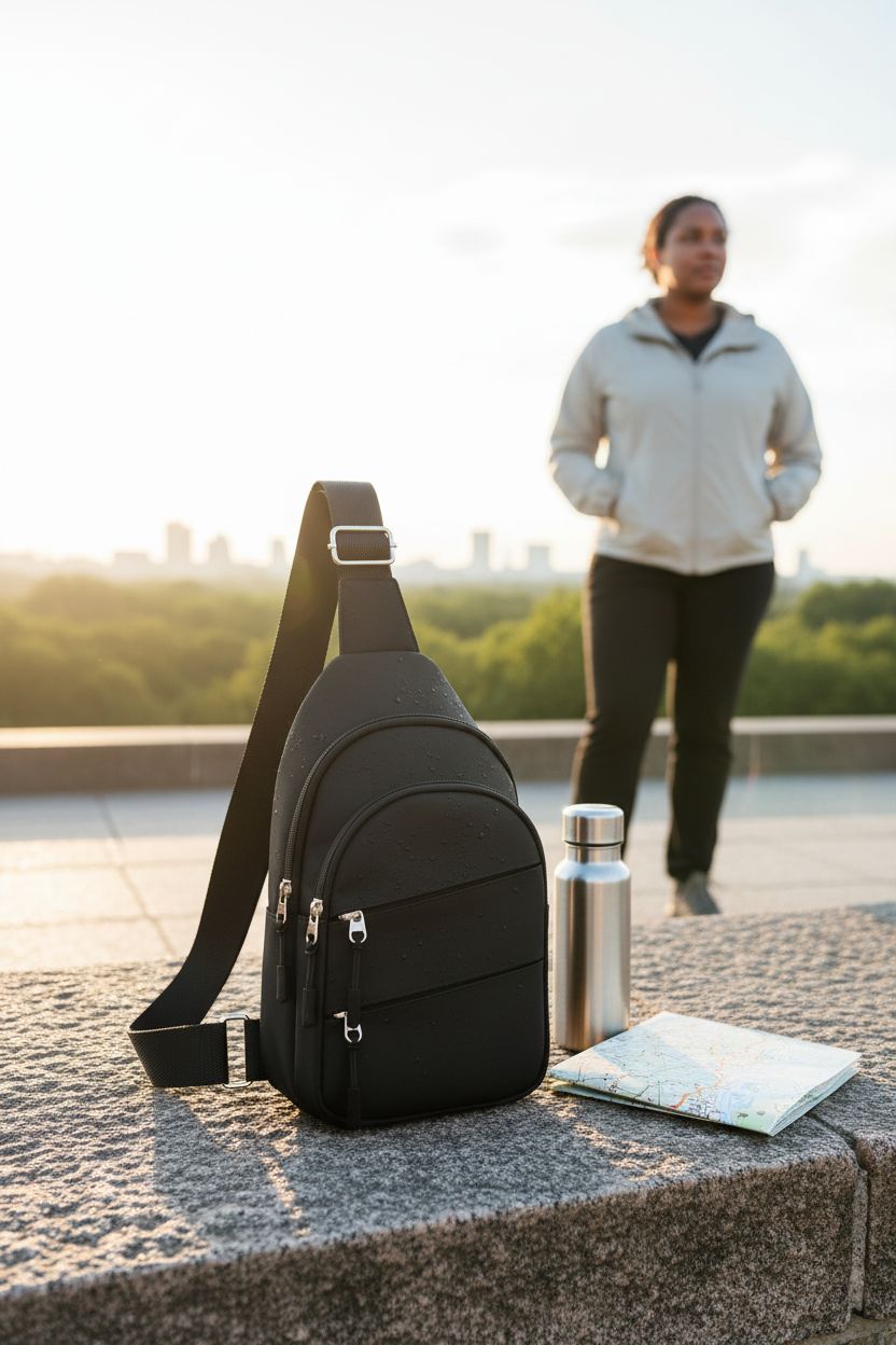 Tuwubi crossbody bag resting on stone ledge, ideal for hiking and outdoor exploration.