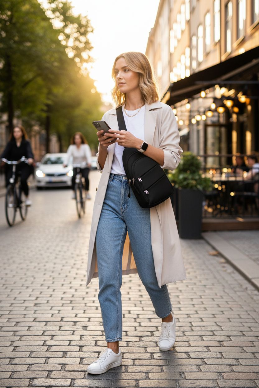 Tuwubi black crossbody bag worn stylishly, perfect for casual outings and navigation.