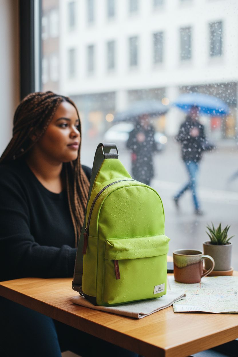 Cozy café scene featuring ORI LONDON lime crossbody bag on a wooden table with a city map