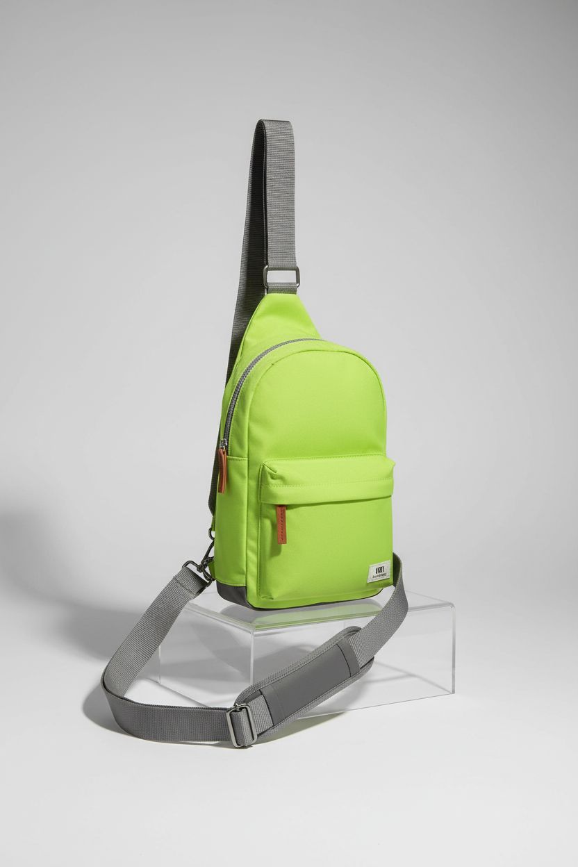 Product shot of ORI LONDON lime crossbody bag highlighting nylon material and chunky zippers