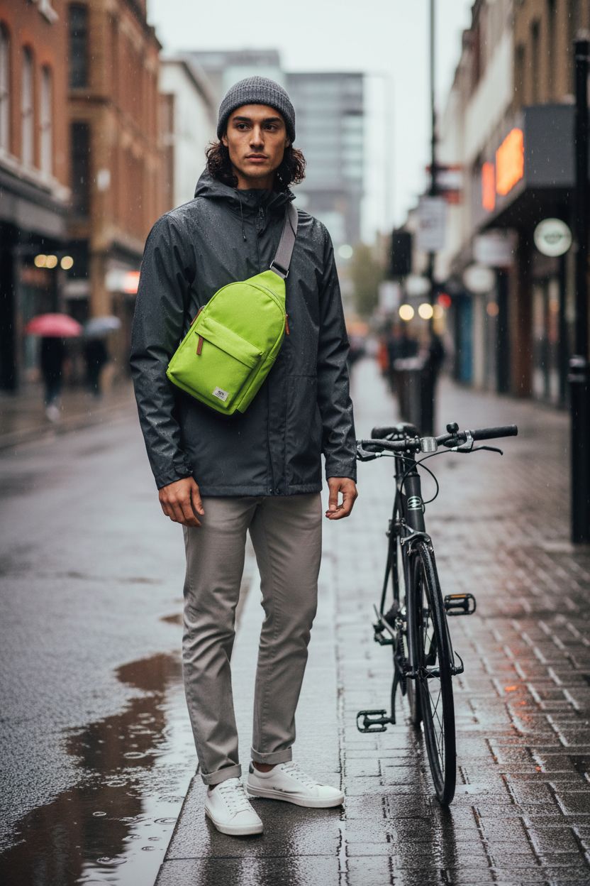 Weather-resistant ORI LONDON lime crossbody bag against a rainy backdrop, perfect for cyclists