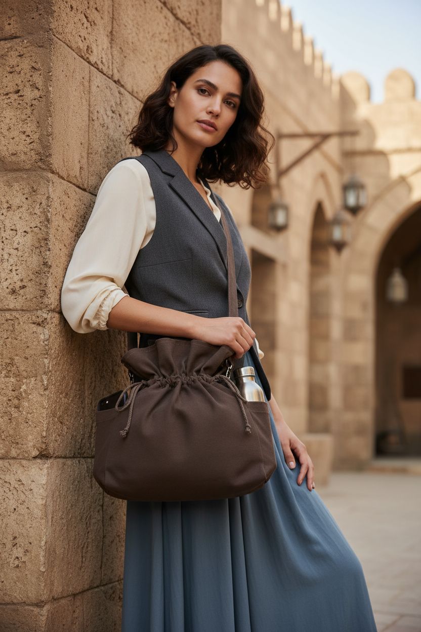 PROCOS Medieval drawstring bag in brown with side pockets, styled in a medieval lane.