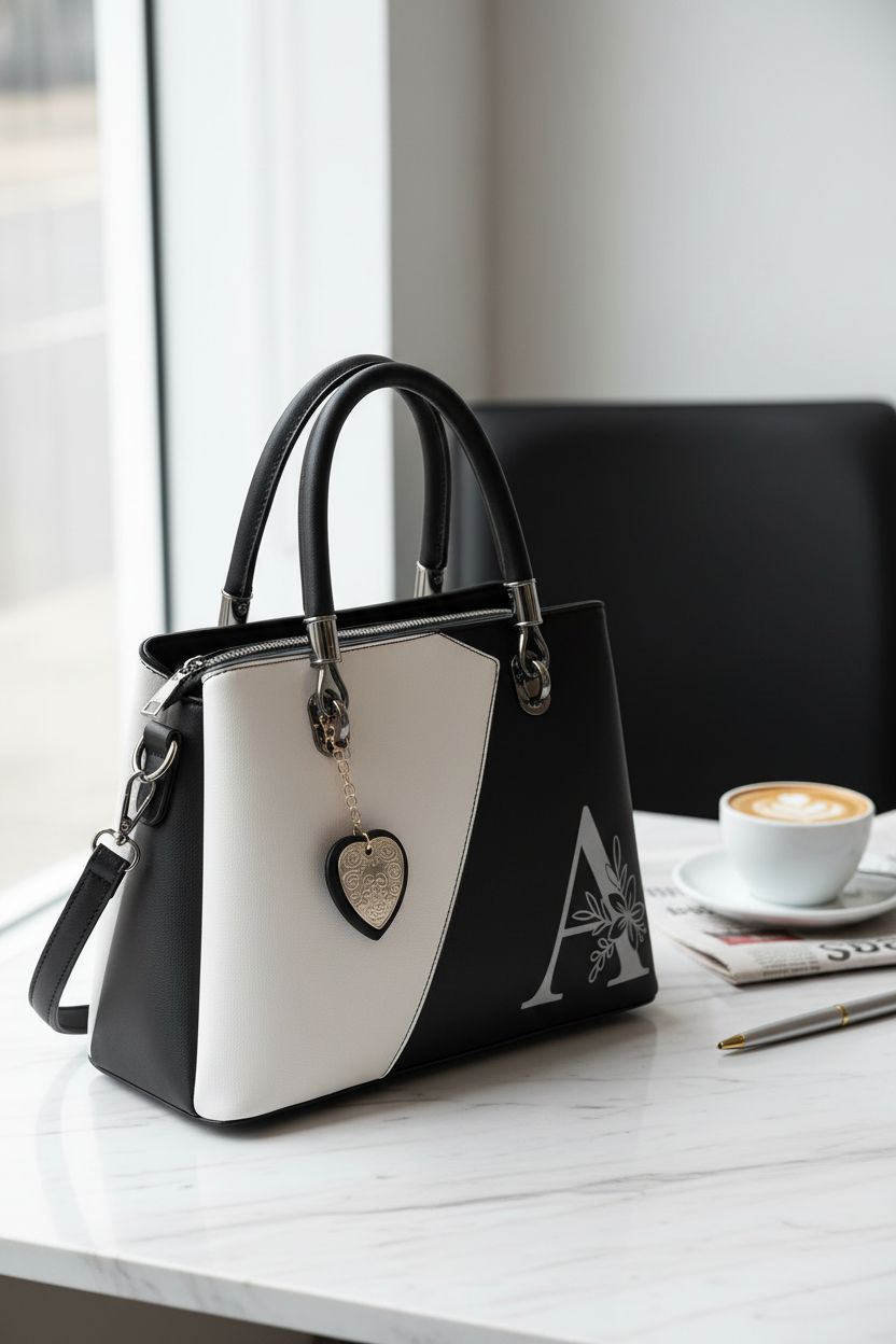 I IHAYNER personalized initial black crossbody purse on a marble café table.