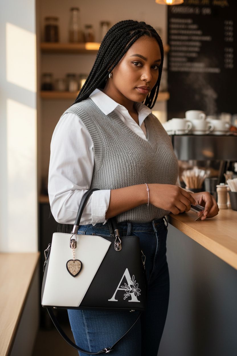 I IHAYNER black crossbody purse with chrome hardware in a café setting.