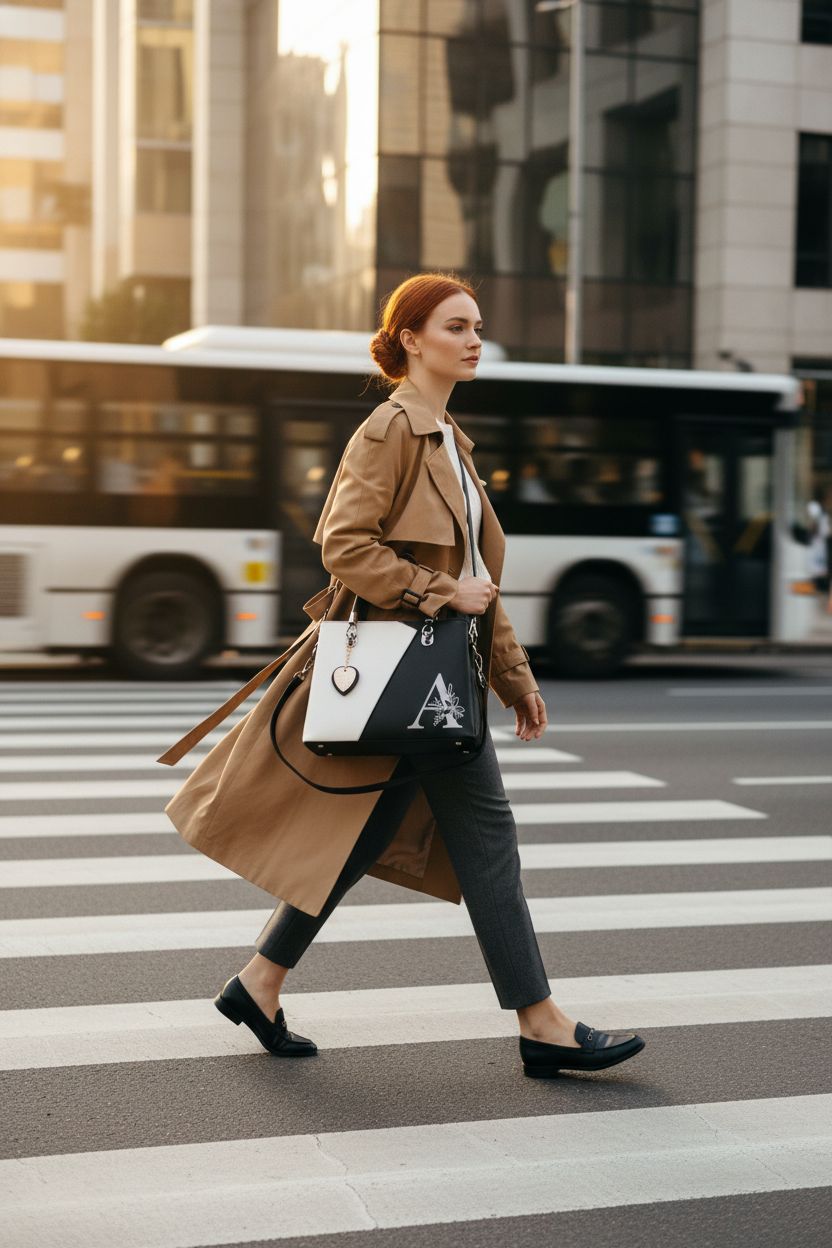 I IHAYNER two-tone black and ivory crossbody purse worn during a morning commute.