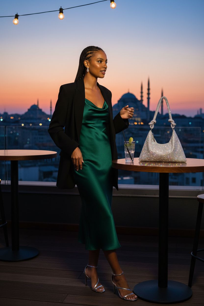 Elegant silver crystal purse by lovyoCoCo set beside a drink at a rooftop cocktail hour.