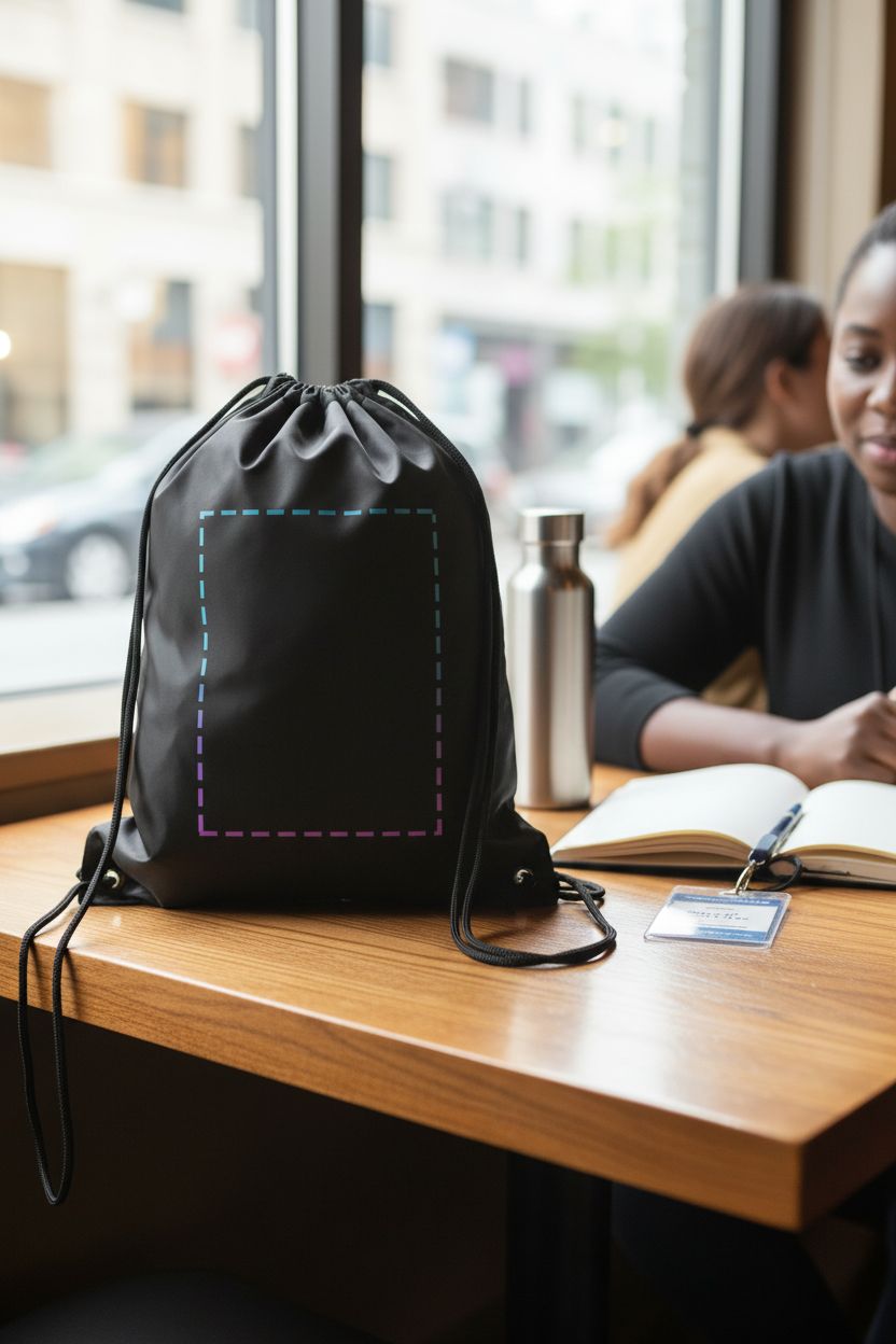 Custom AT1nTen drawstring bag on a wooden table in a sunlit café, showcasing its design