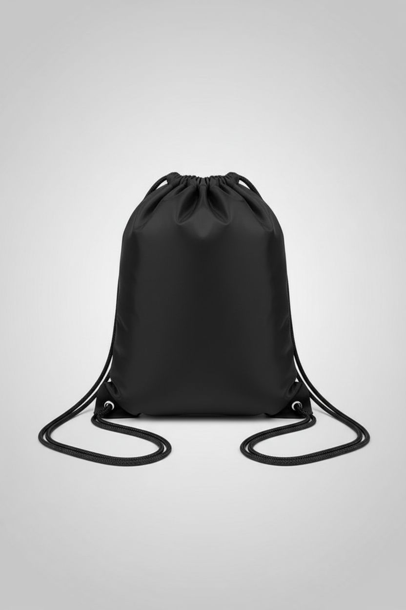 Upright AT1nTen drawstring bag on light gray backdrop, highlighting its quality and print panel