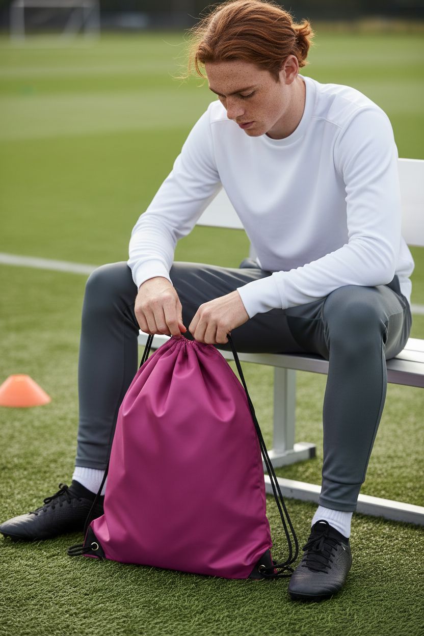 Red AT1nTen custom drawstring bag with grommet-reinforced corners on a practice field