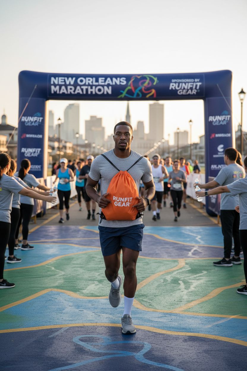 Vivid orange AT1nTen drawstring bag captured during a morning run on a painted path